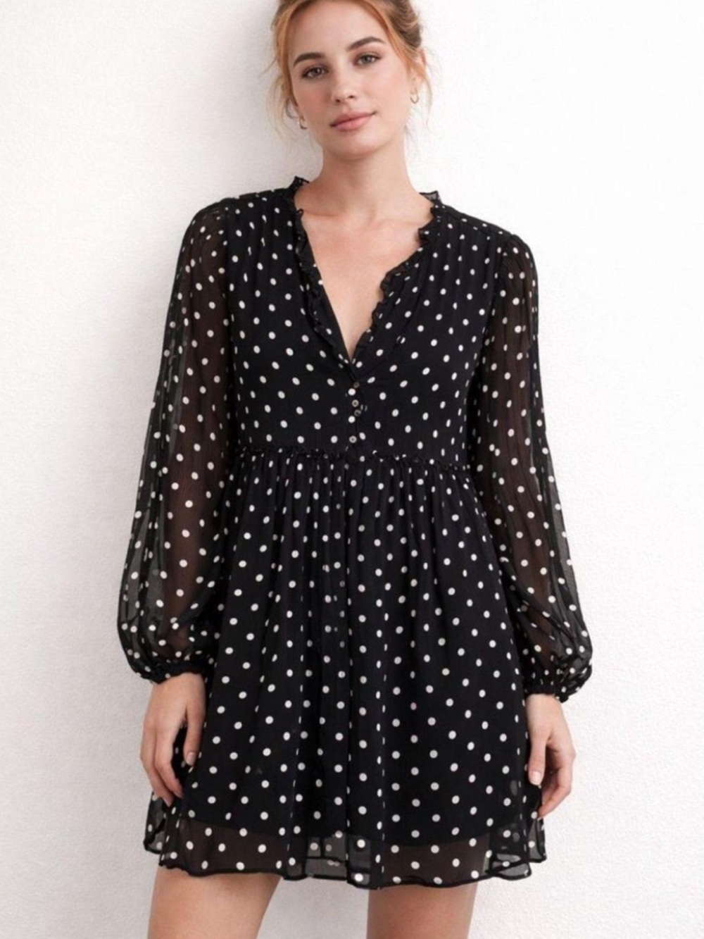 Zara Black and White Polka-Dot Long Sleeve Mini Dress